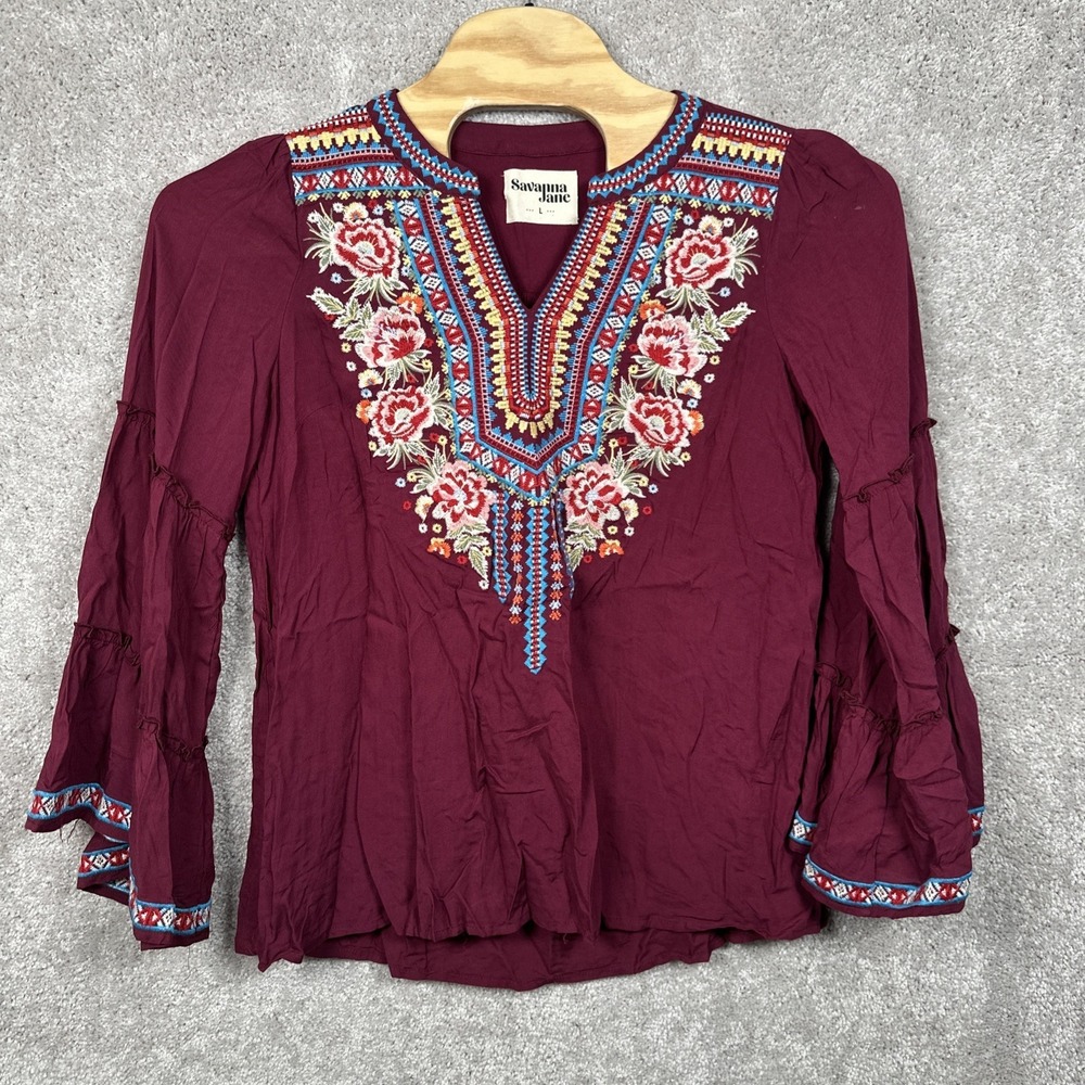 Savanna‎ Jane Womens Shirt Long Sleeve Embroidered Floral Peplum Boho Large